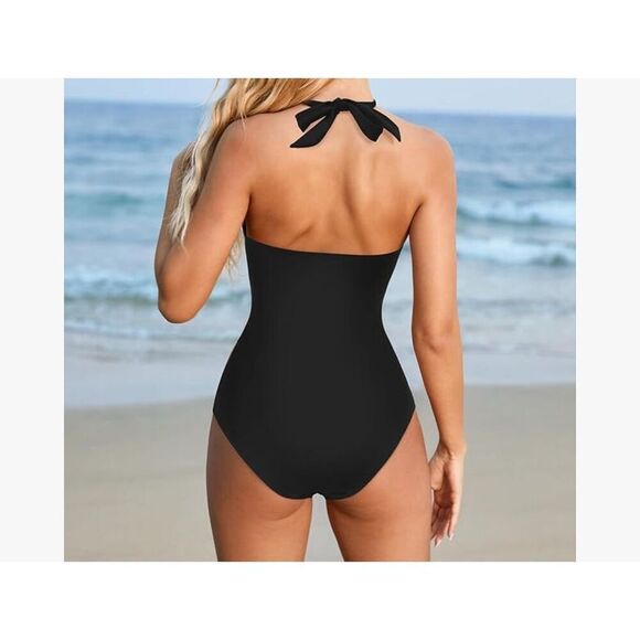 SUUKSESS Women’s Tummy Control One Piece Halter Top Swimsuit. Black. Small. NWOT - Picture 2 of 4